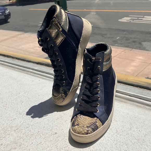 Sam Edelman Shoes - Sam Edelman, navy and gold leather and pony hair high top sneakers